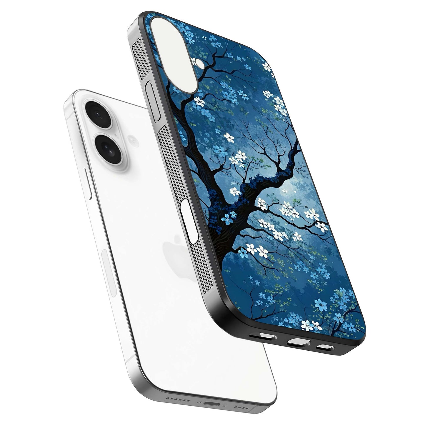 Blue Tree Serenity Glass Case for iPhone 17 floating mockup displaying serene tones and HD glass polish
