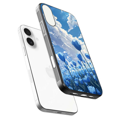 Blue Tulip Clouds Glass Case for iPhone 17 floating mockup displaying tulip-cloud fusion art and smooth glass gloss