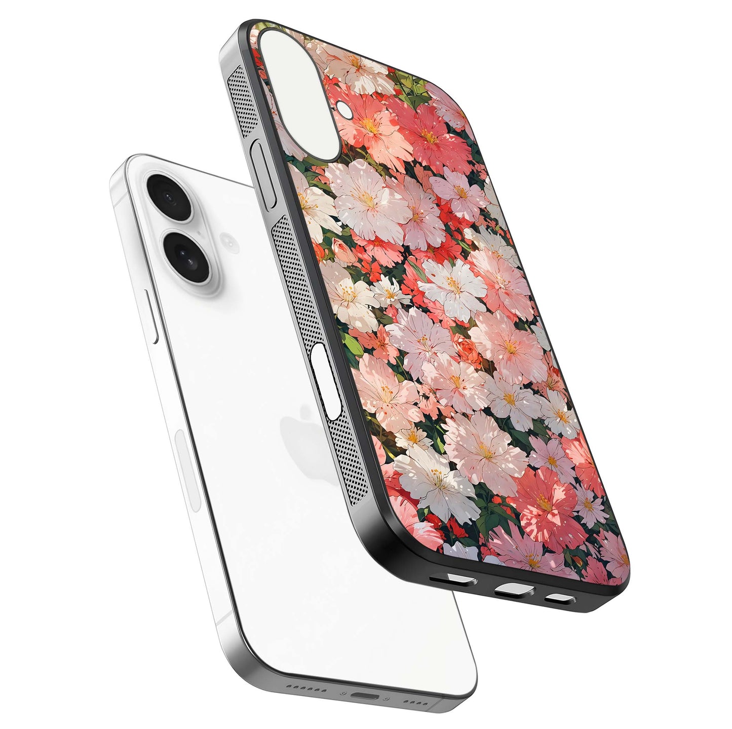 Blush Bloom Field Glass Case for iPhone 17 floating mockup highlighting floral spread and edge reflection