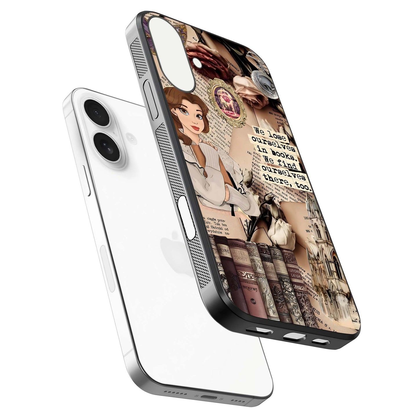 Bookish Dream World Glass Case for iPhone 17 floating mockup capturing gloss shine and artistic balance