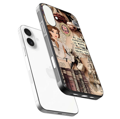 Bookish Dream World Glass Case for iPhone 17 floating mockup capturing gloss shine and artistic balance