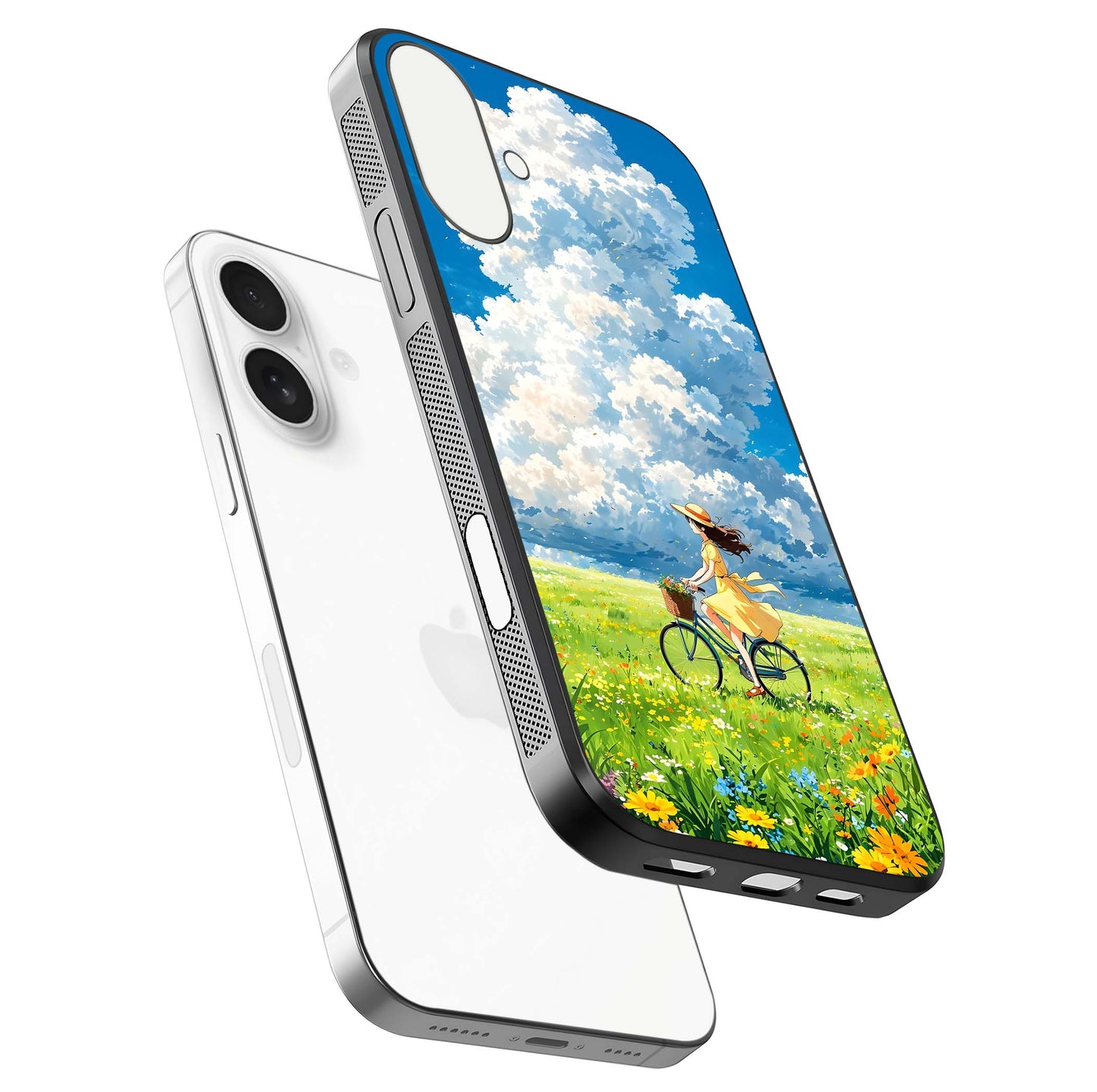 Breezy Meadow Ride Glass Case for iPhone 17 floating mockup capturing serene tones and smooth finish