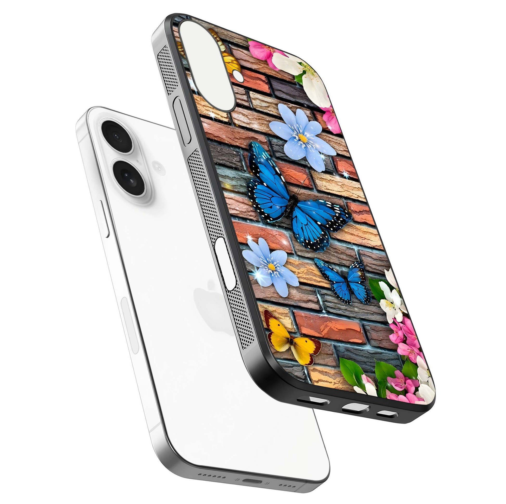 Brick Bloom Flight Glass Case for iPhone 17 floating mockup displaying gloss reflection and pattern vibrancy