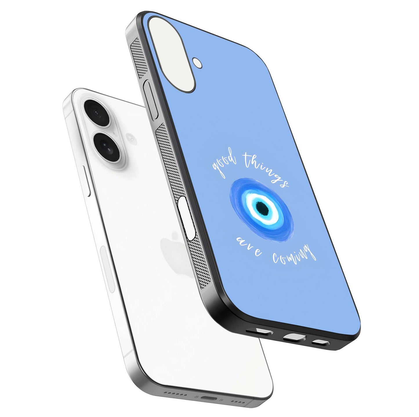 Bright Future Ahead Glass Case for iPhone 17 floating mockup showing sleek design and positive quote print