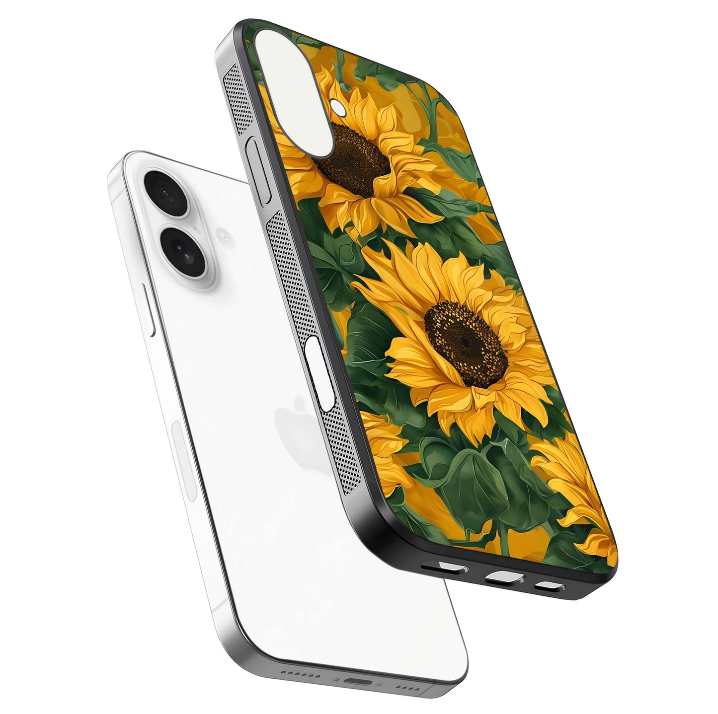 Bright Sunflower Bloom Glass Case for iPhone 17 floating mockup capturing vibrant tones and gloss surface