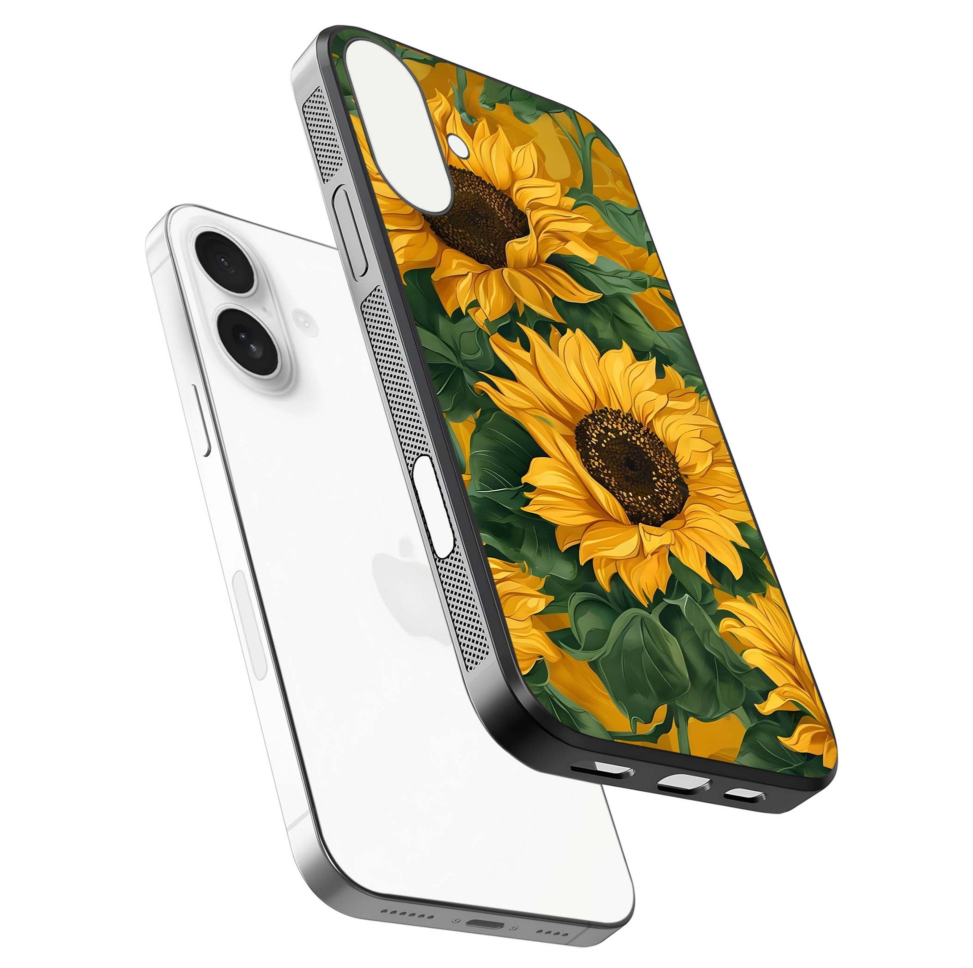 Bright Sunflower Bloom Glass Case for iPhone 17 floating mockup capturing vibrant tones and gloss surface