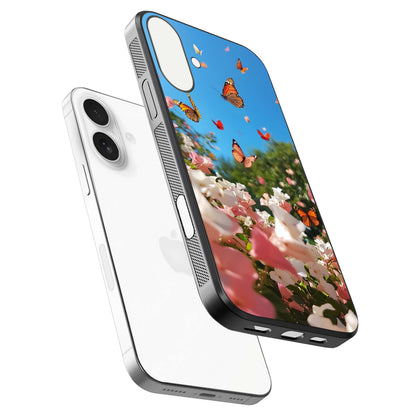Butterflies in Bloom Sky Glass Case for iPhone 17 floating mockup capturing butterfly motion and edge design