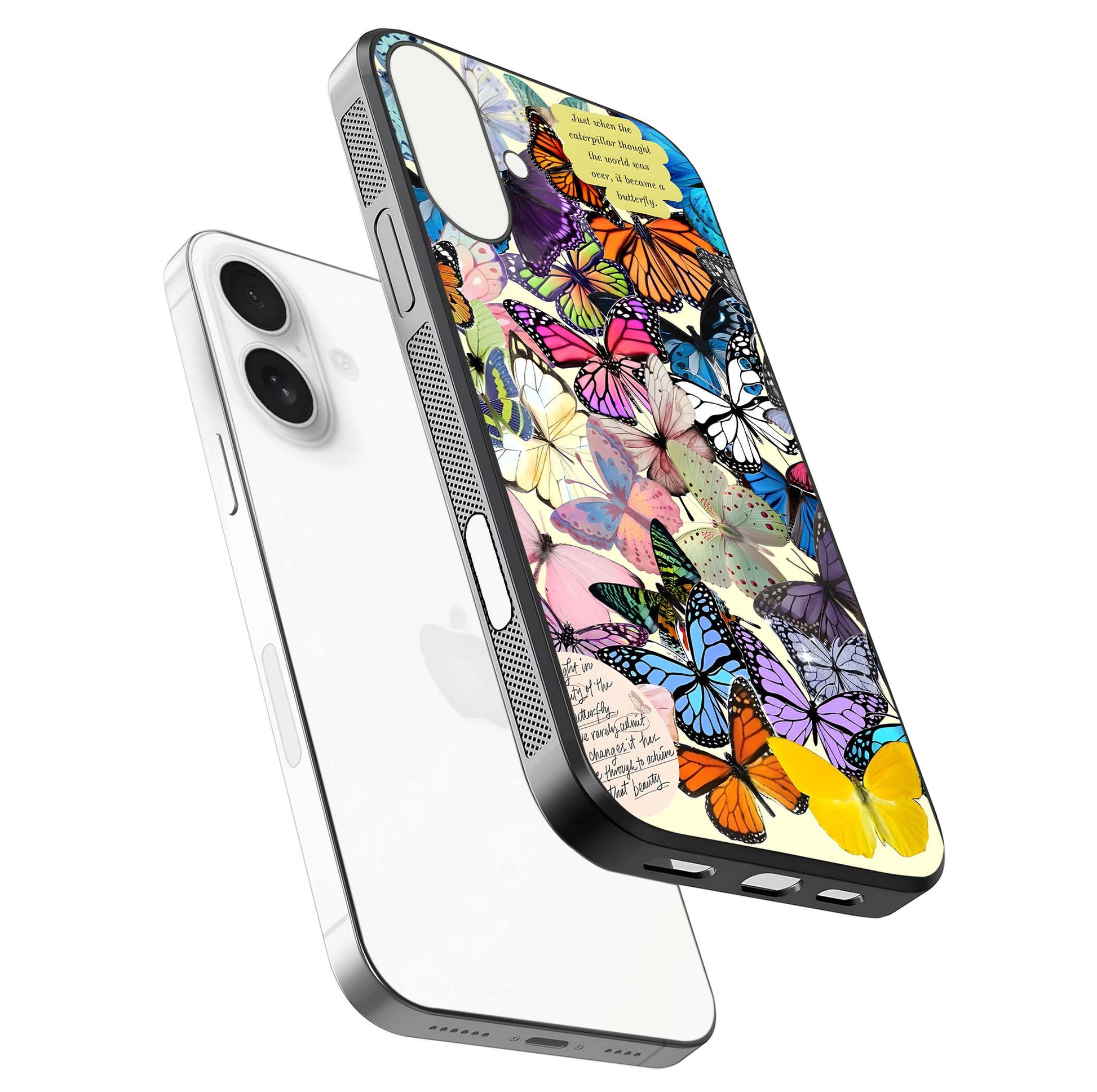 Butterflies Petal Dream Glass Case for iPhone 17 floating mockup displaying detailed print and premium glass glow