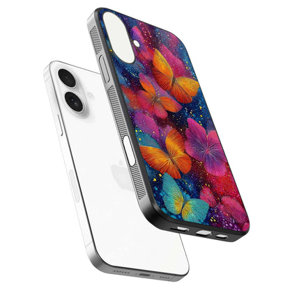 Butterfly Dream Mist Glass Case for iPhone 17 floating mockup displaying glass shine and ethereal art depth