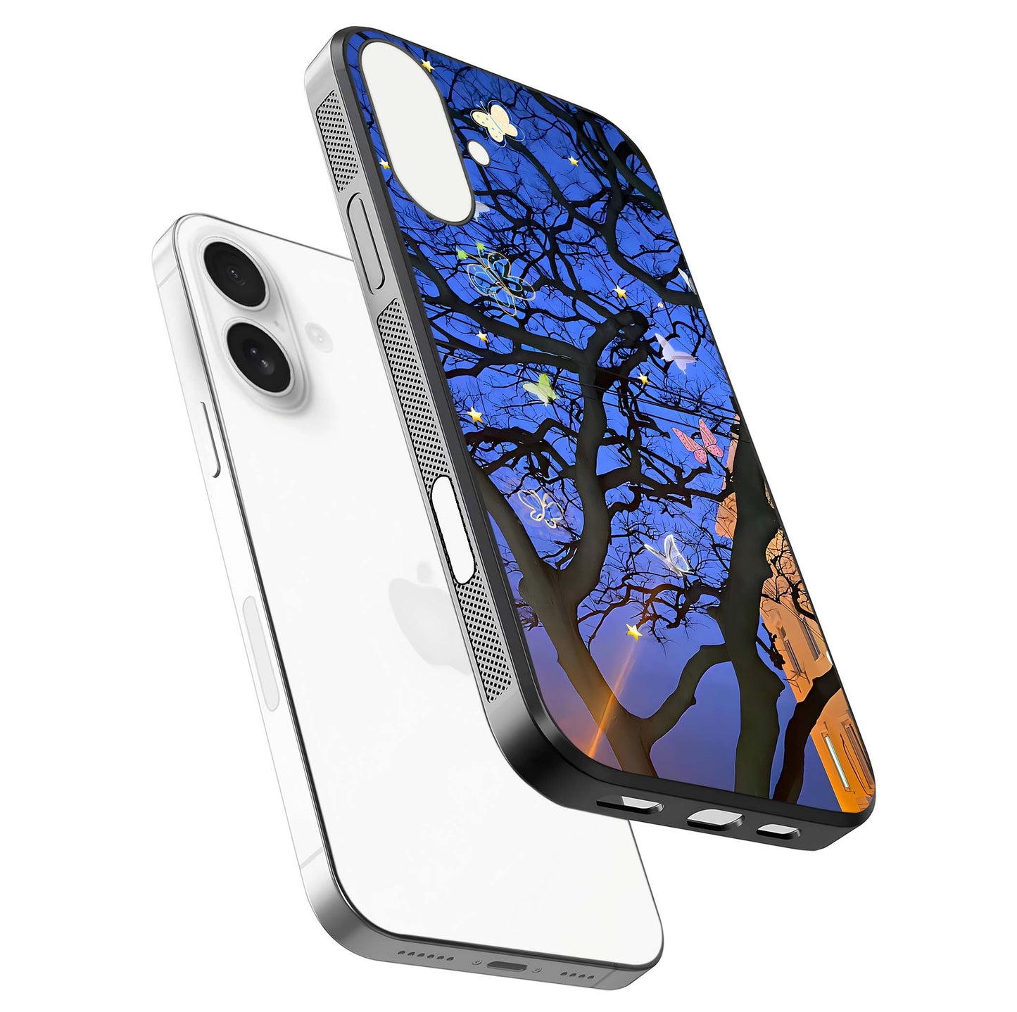 Butterfly Night Magic Glass Case for iPhone 17 floating mockup showing night glow and smooth polish