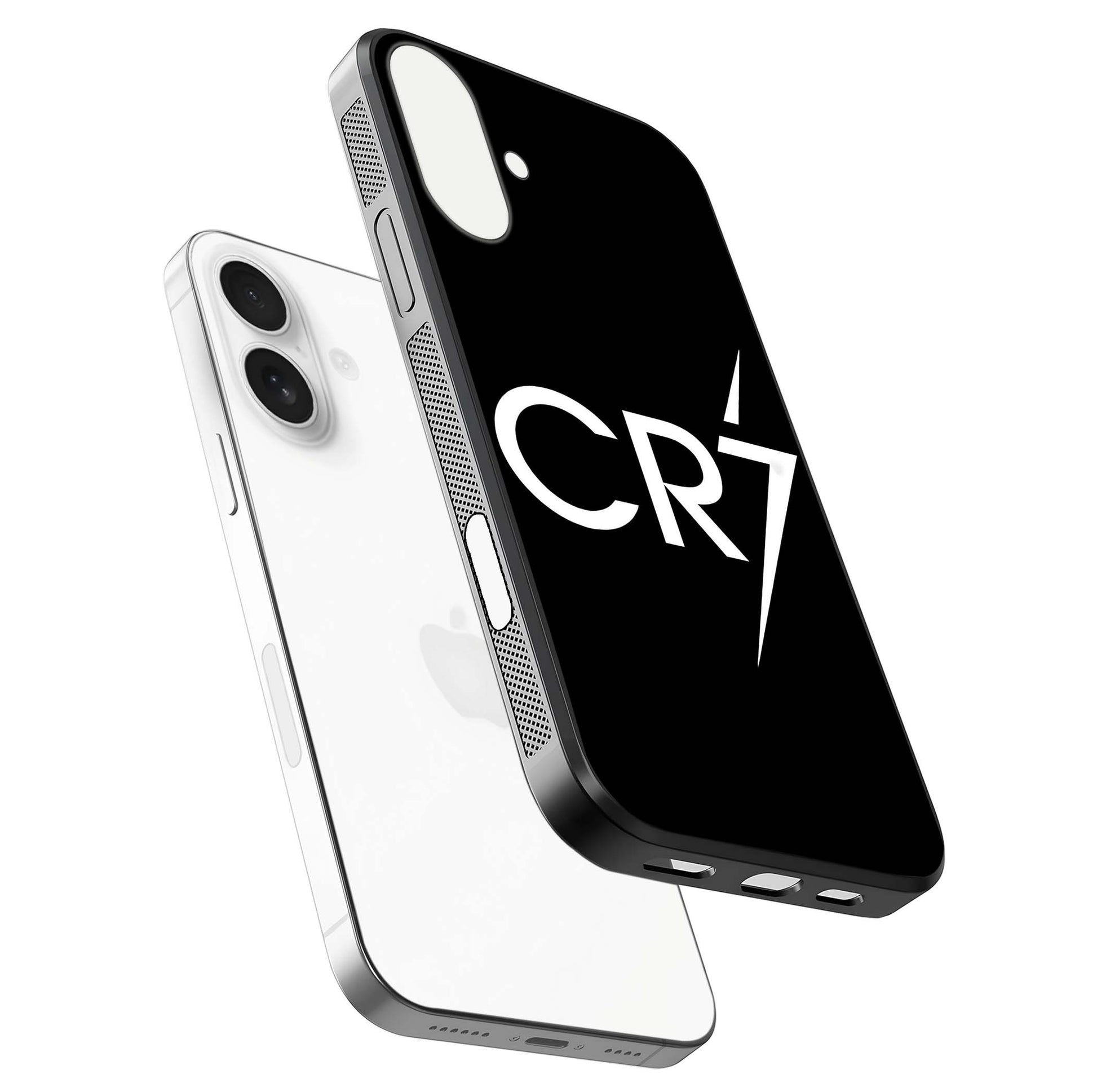 CR7 Elite Strike Glass Case for iPhone 17 floating mockup displaying HD gloss and sporty texture