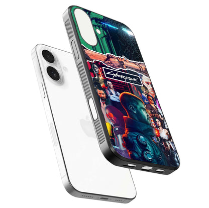 CYBERPUNK Legacy Glass Case for iPhone 17 floating mockup showing HD gloss and neon glow detail
