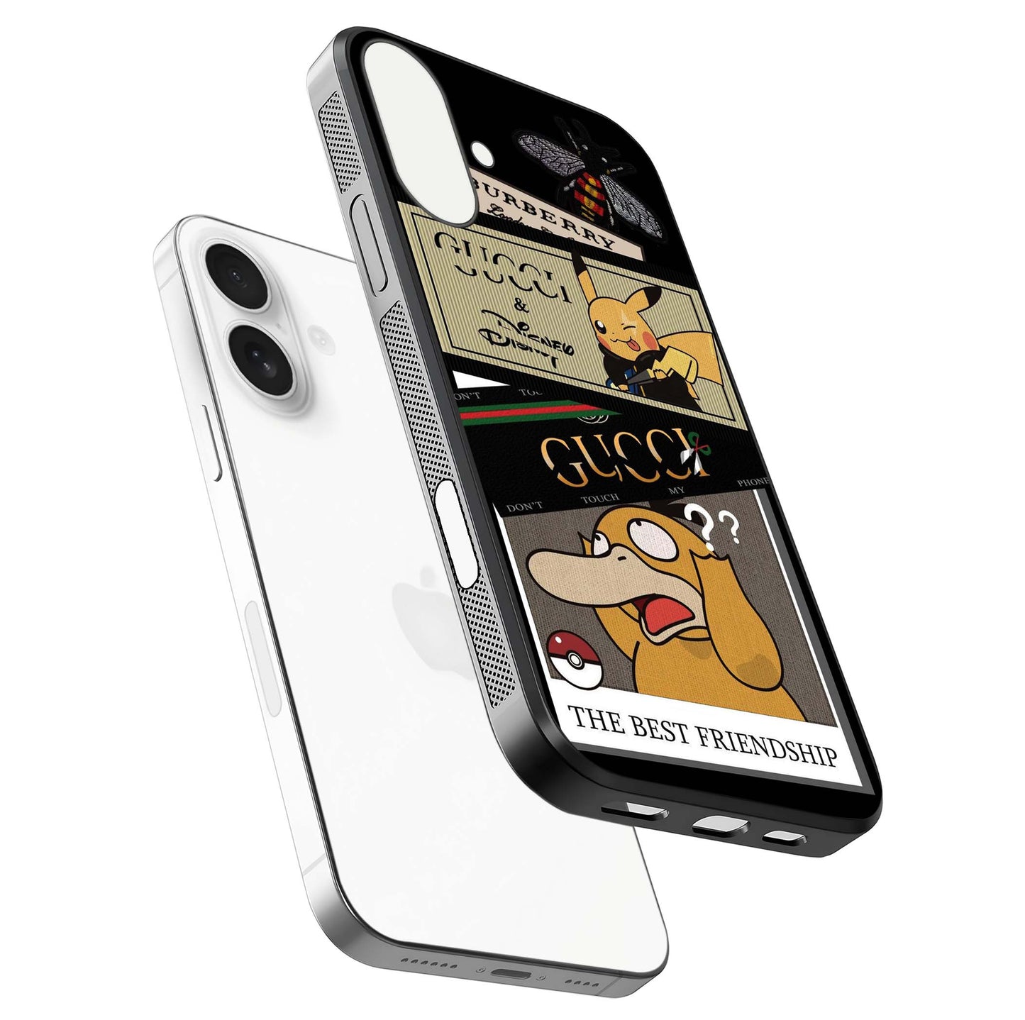 Cartoon Brand Play Mashup Glass Case for iPhone 17 floating dual-view mockup showing gloss surface and vivid reflection