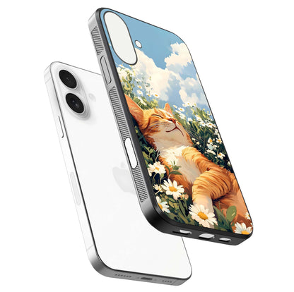 Cat & Flowers View Glass Case for iPhone 17 floating mockup showing design reflection and protective edges