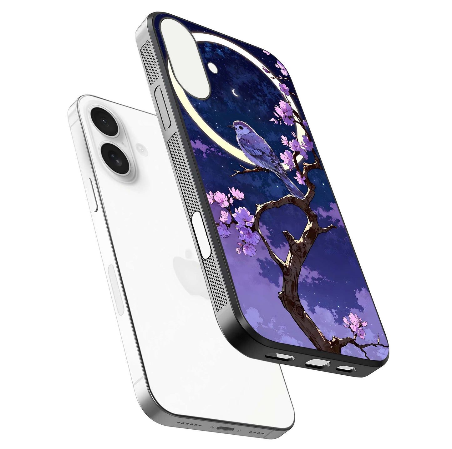 Celestial Bird Blossom Glass Case for iPhone 17 floating mockup showing cosmic floral tones and HD gloss