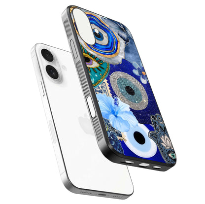 Celestial Blue Vision Glass Case for iPhone 17 floating mockup showing gloss depth and night-sky pattern