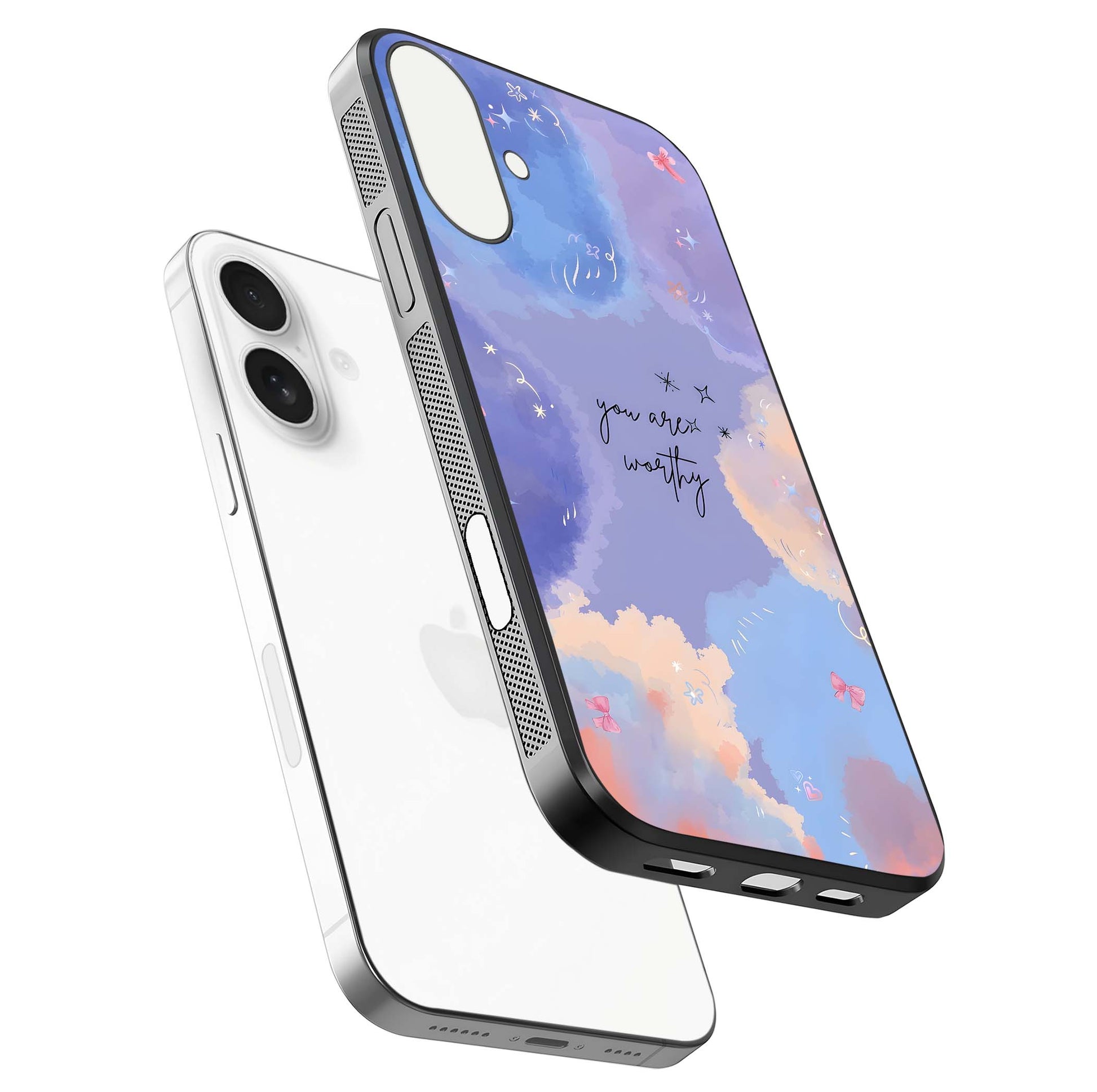 Celestial Cloud Magic Glass Case for iPhone 17 floating mockup displaying cloud aura and HD finish