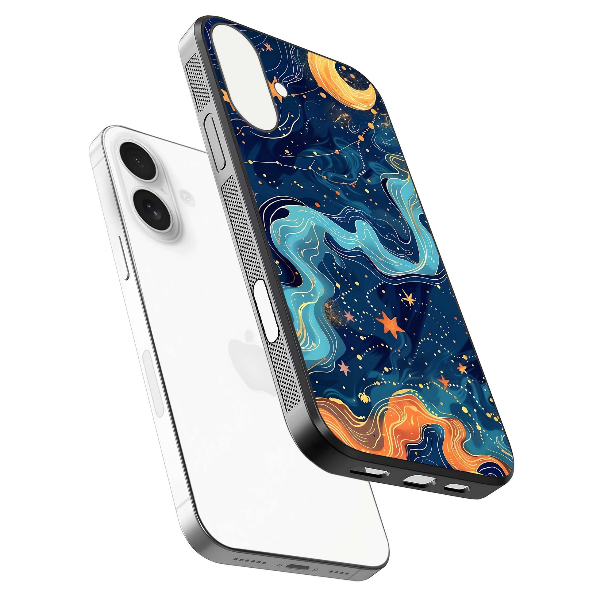 Celestial Dream Flow Glass Case for iPhone 17 floating mockup displaying gloss shimmer and artistic composition