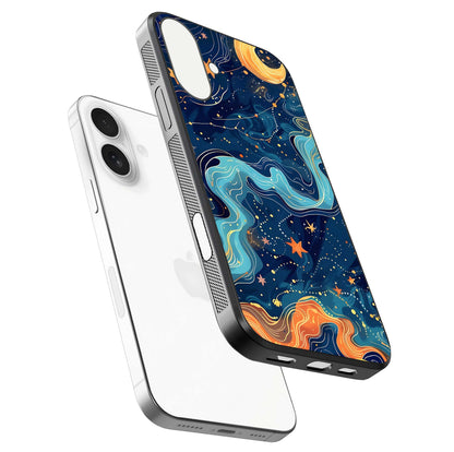 Celestial Dream Flow Glass Case for iPhone 17 floating mockup displaying gloss shimmer and artistic composition