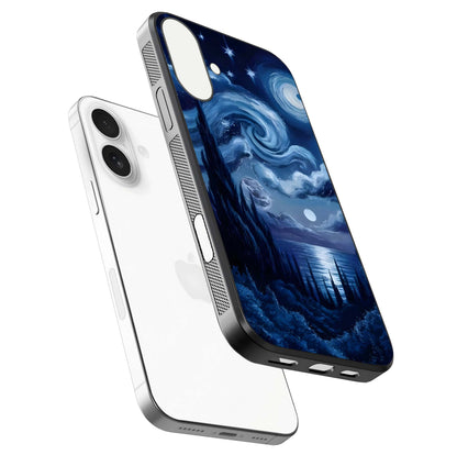 Celestial Dream Van Gogh Glass Case for iPhone 17 floating mockup highlighting cosmic tones and smooth gloss