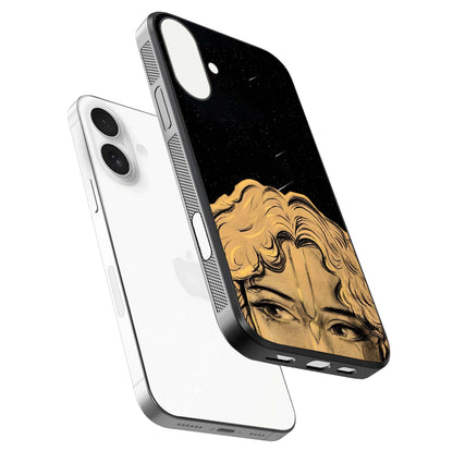 Celestial God’s Plan Glass Case for iPhone 17 floating dual-view mockup displaying gloss surface and vivid print