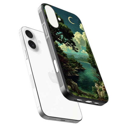 Celestial Lake Peace Glass Case for iPhone 17 floating mockup capturing calm tones and smooth polish