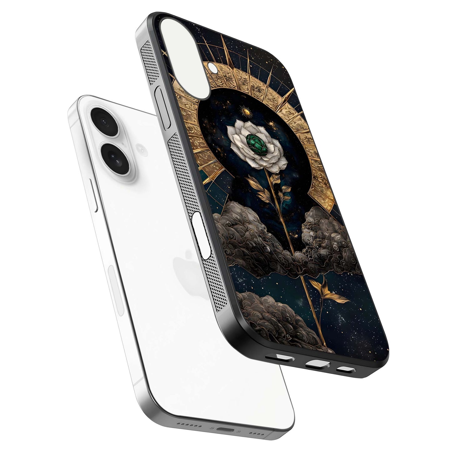 Celestial Lotus Morang Glass Case for iPhone 17 floating mockup showing gloss depth and cosmic lotus glow