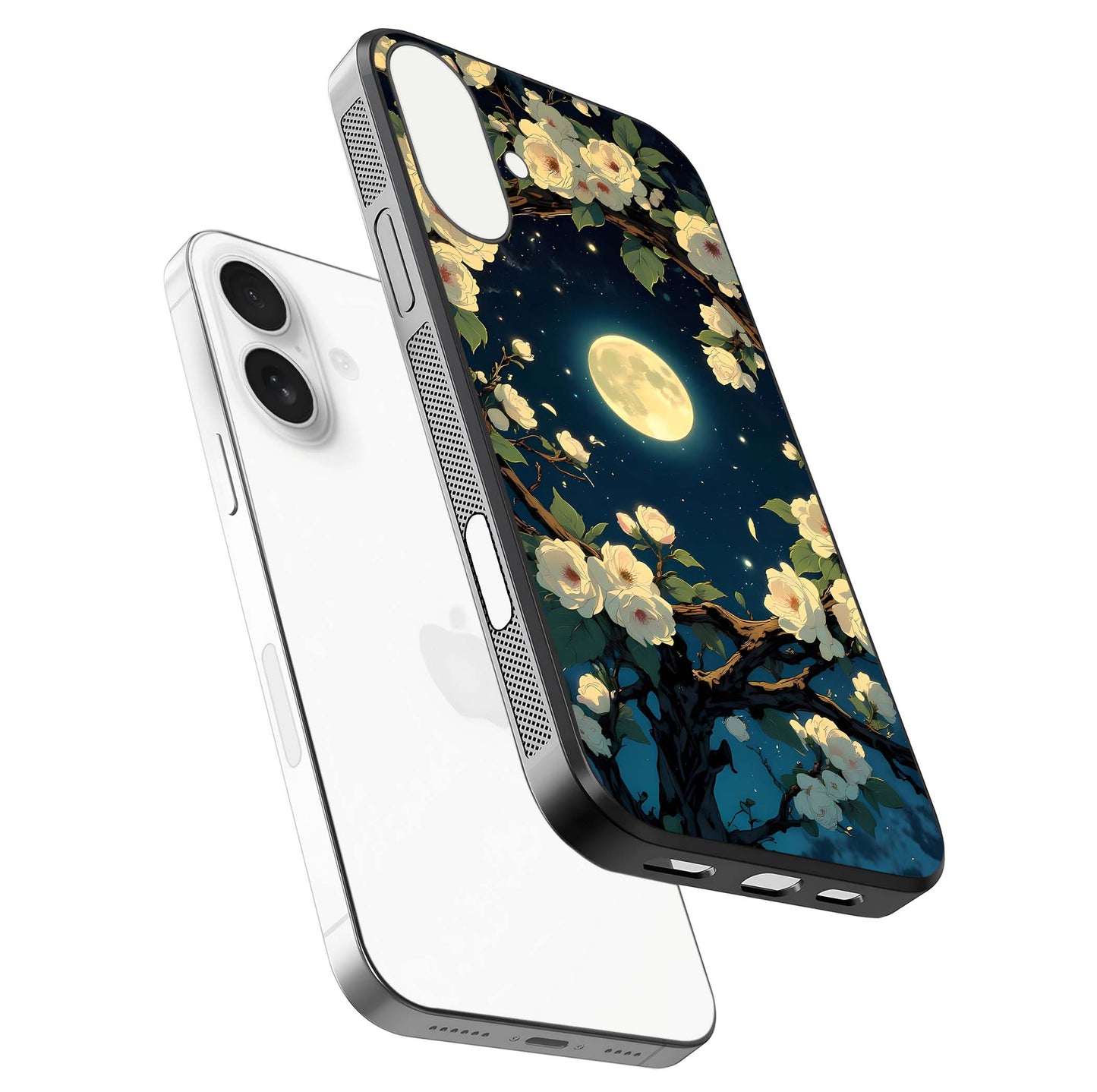 Celestial Moon & Flower Glass Case for iPhone 17 floating mockup emphasizing HD shine and delicate texture