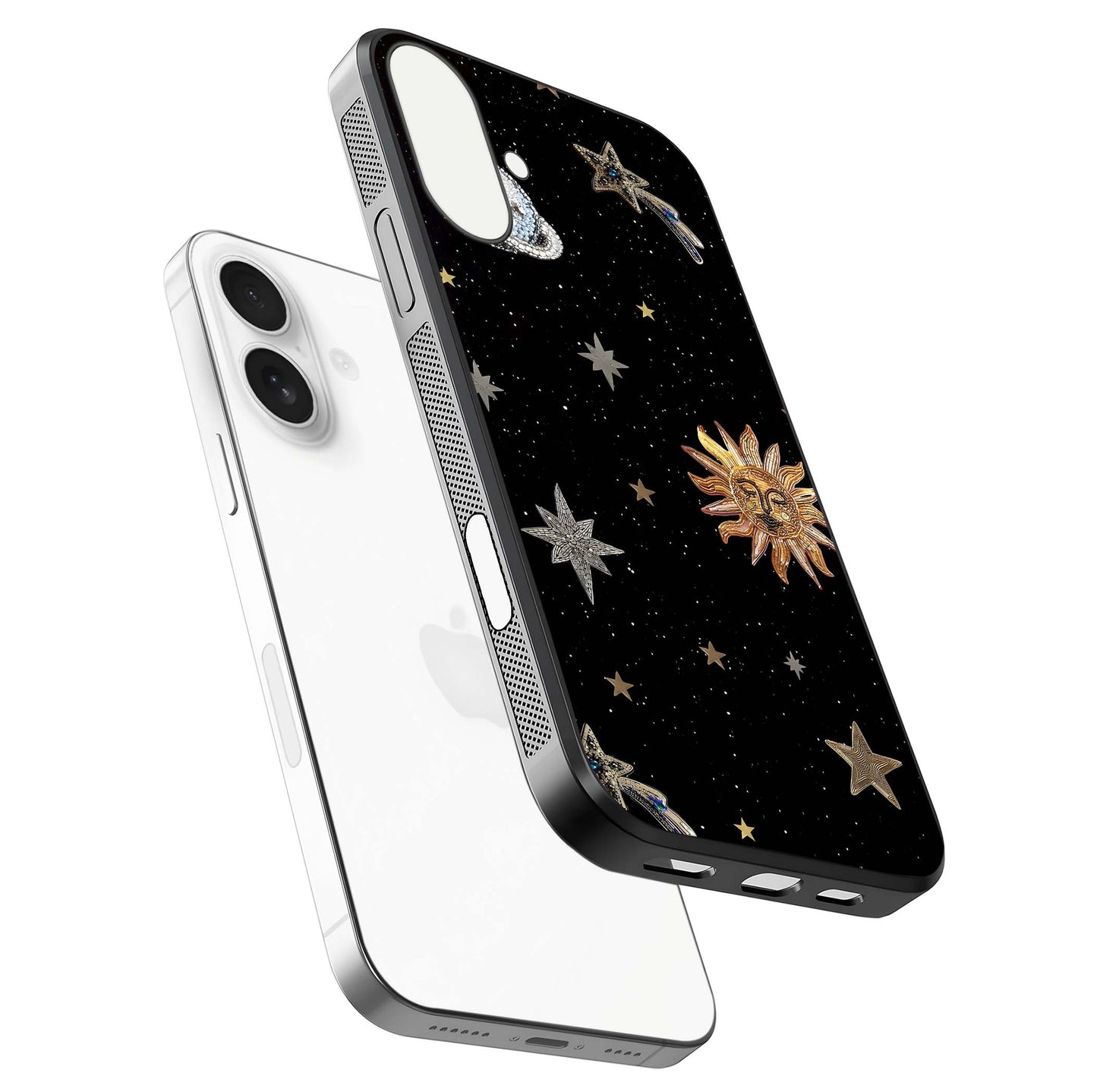 Celestial Moon With Stars Glass Case for iPhone 17 floating mockup emphasizing star depth and gloss clarity