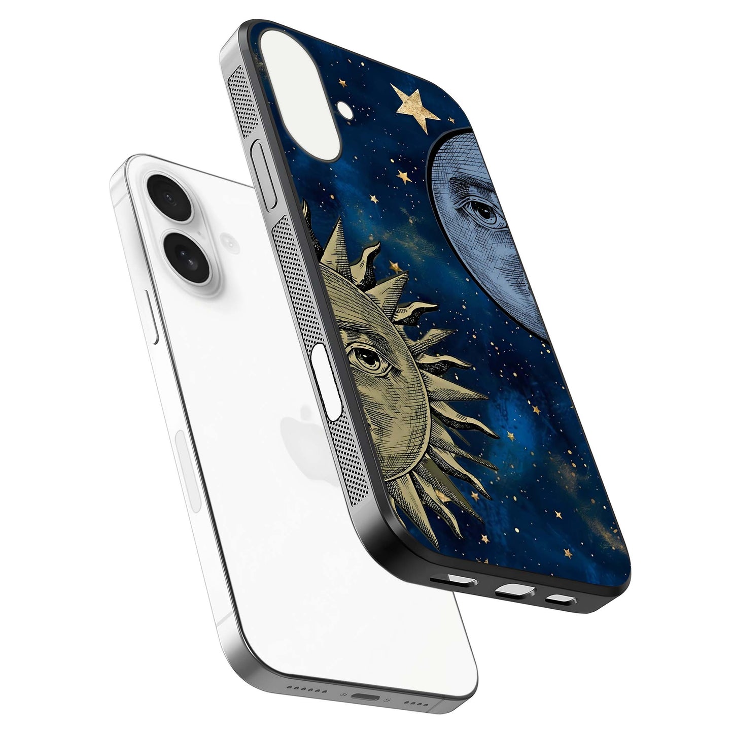Celestial Moon With Sun Glass Case for iPhone 17 floating mockup displaying vibrant contrast and HD gloss