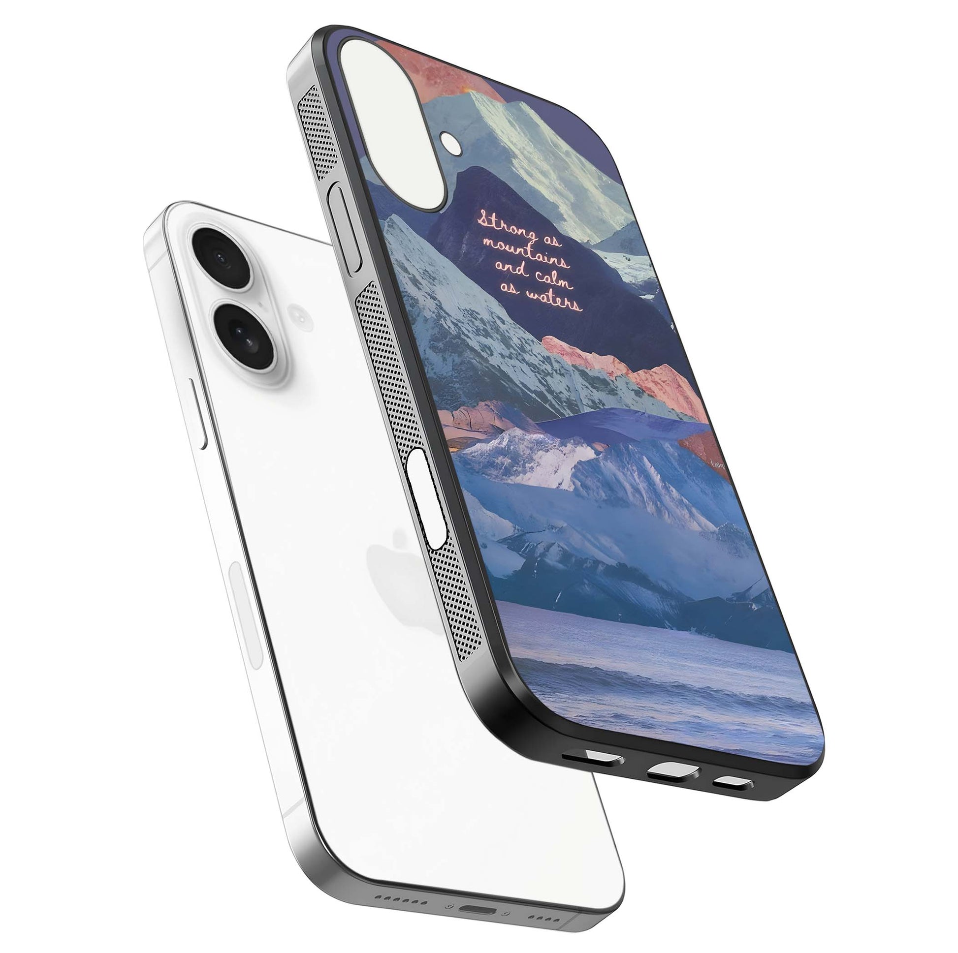 Celestial Mountain Calm Glass Case for iPhone 17 floating mockup showing glow depth and polished edges