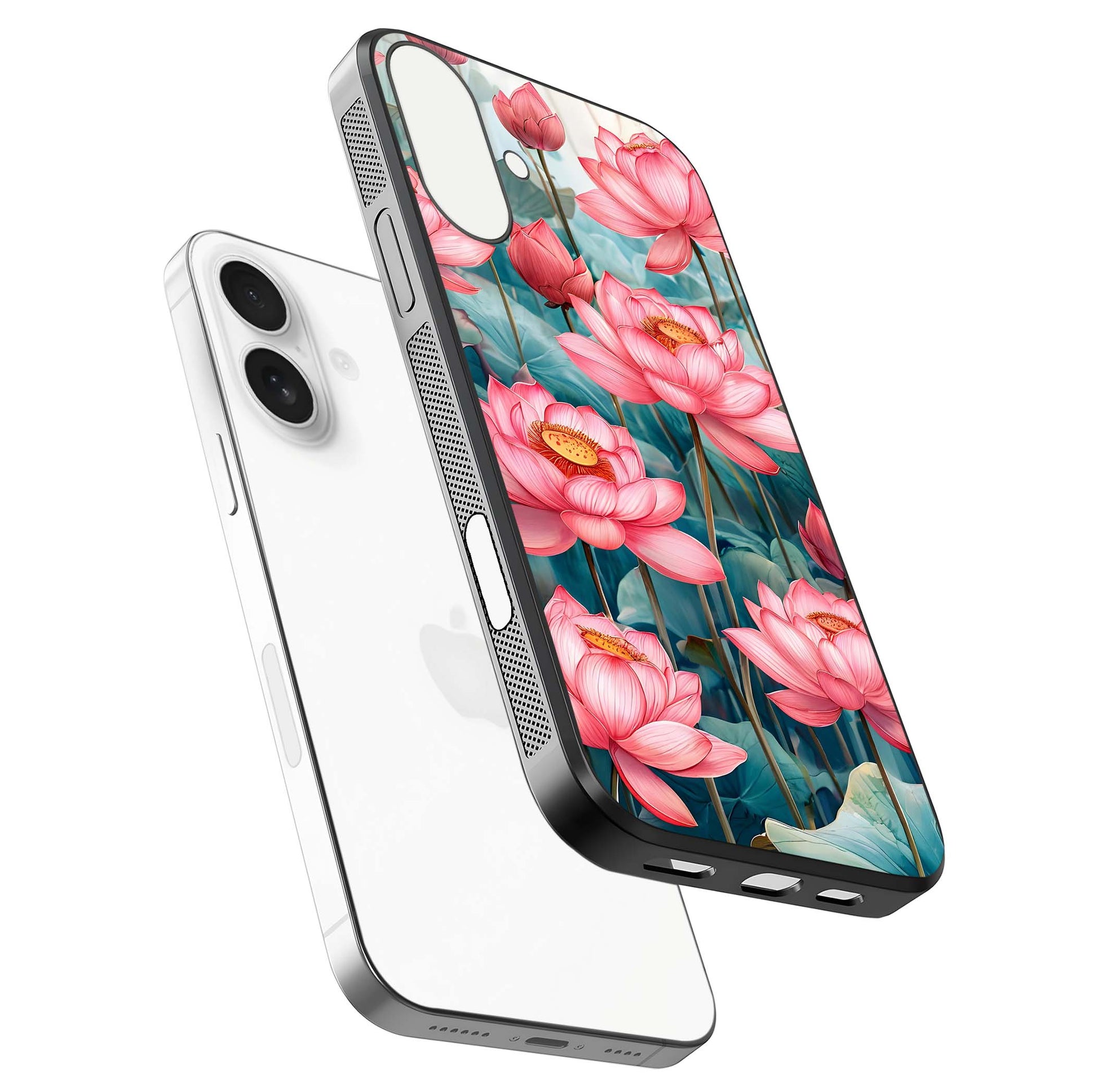Celestial Pink Lotus Glass Case for iPhone 17 floating mockup displaying cosmic tone and gloss surface