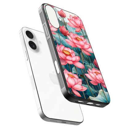 Celestial Pink Lotus Glass Case for iPhone 17 floating mockup displaying cosmic tone and gloss surface