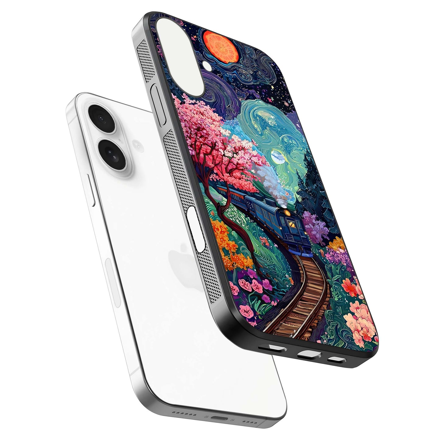 Celestial Train Journey Glass Case for iPhone 17 floating mockup capturing gloss reflection and deep night hues