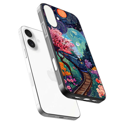 Celestial Train Journey Glass Case for iPhone 17 floating mockup capturing gloss reflection and deep night hues