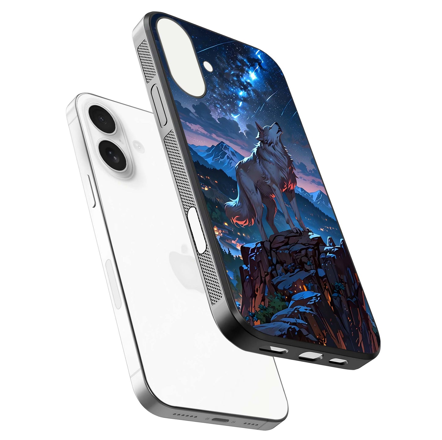 Celestial Wolf Howl Glass Case for iPhone 17 floating mockup capturing reflection depth and silver gloss