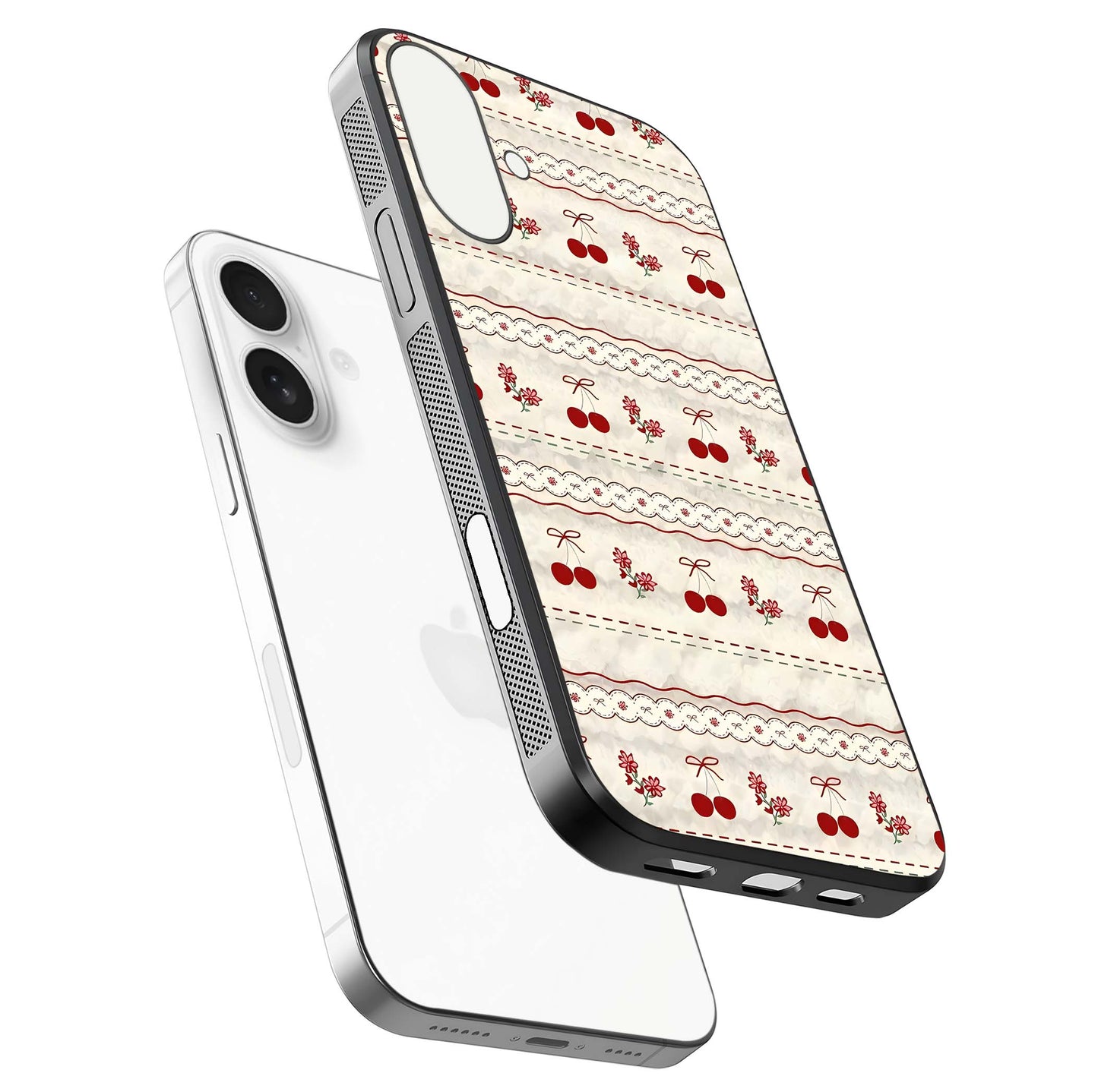 Cherry Bloom Charm Glass Case for iPhone 17 floating mockup showing bloom texture and polished gloss