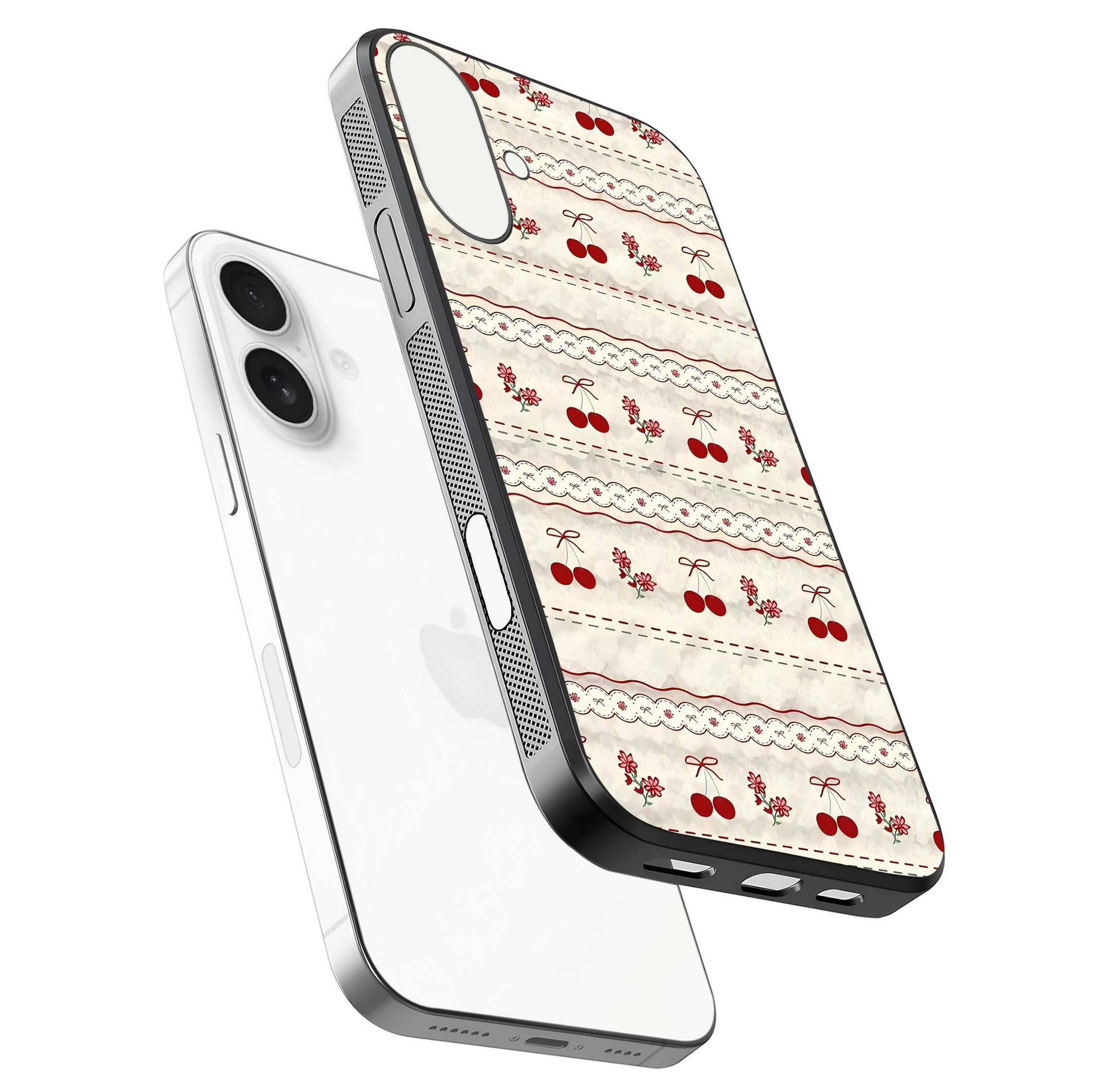 Cherry Bloom Charm Glass Case for iPhone 17 floating mockup showing bloom texture and polished gloss