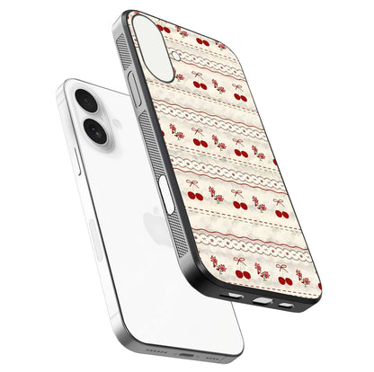 Cherry Bloom Charm Glass Case for iPhone 17 floating mockup showing bloom texture and polished gloss