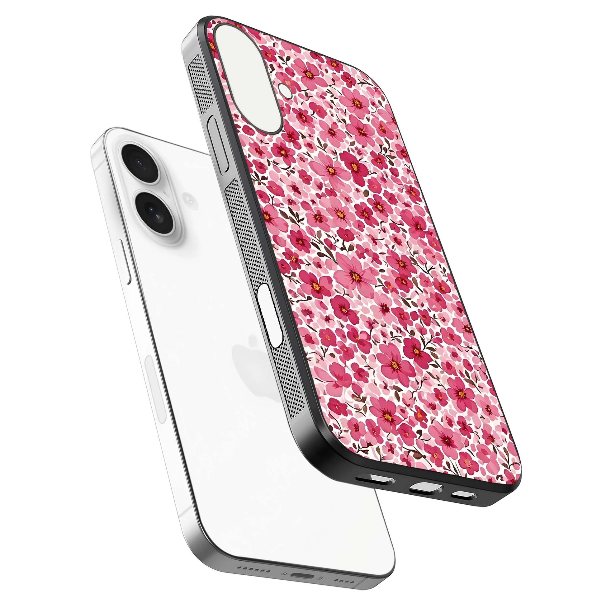 Cherry Blossom Charm Glass Case for iPhone 17 floating mockup displaying pink tone flow and polished edges