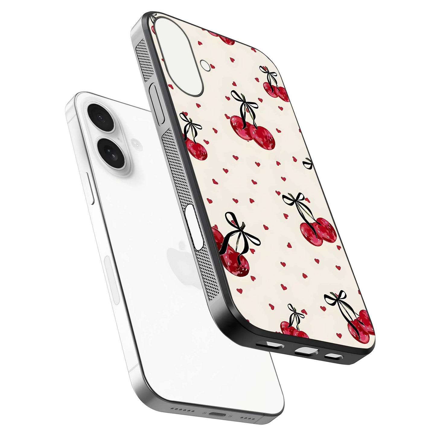 Cherry Heart Bow Glass Case for iPhone 17 floating mockup showing reflection and HD print detail