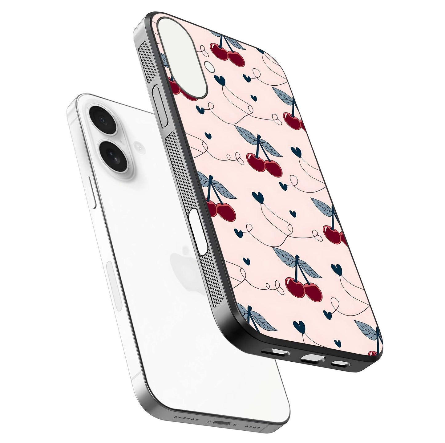 Cherry Heart Line Glass Case for iPhone 17 floating mockup showing gloss polish and bright tones