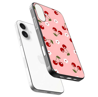 Cherry Love Mood Glass Case for iPhone 17 floating mockup showing HD gloss reflection and red tones