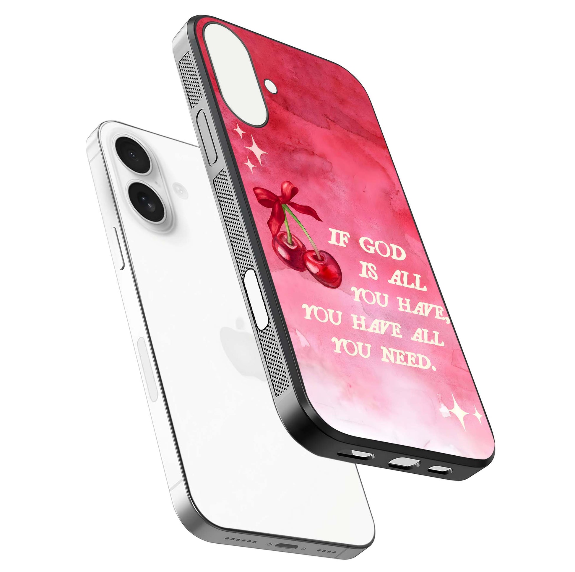Cherry Quote Glass Case for iPhone 17 floating mockup capturing shine texture and clear typography