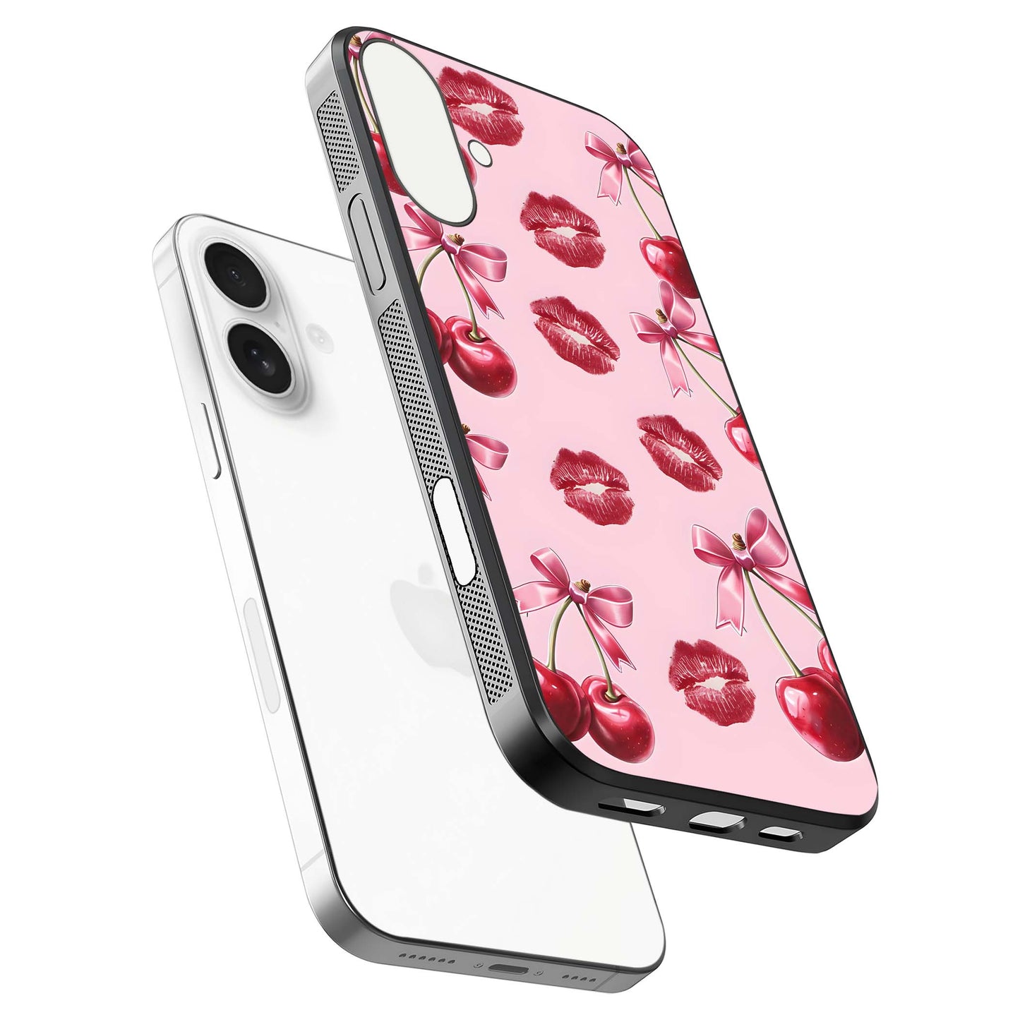 Cherry With Lips Glass Case for iPhone 17 floating mockup showing HD gloss and pop-art inspired tones