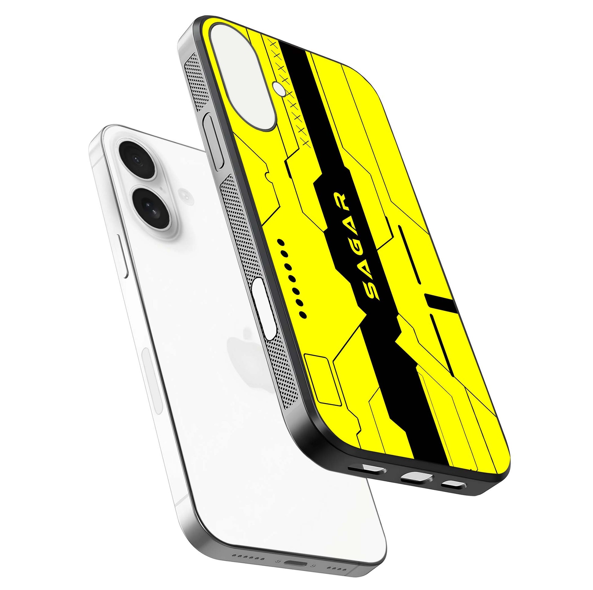 Circuit CYBERPUNK Custom Name Glass Case for iPhone 17 floating mockup capturing glow effects and polished shine