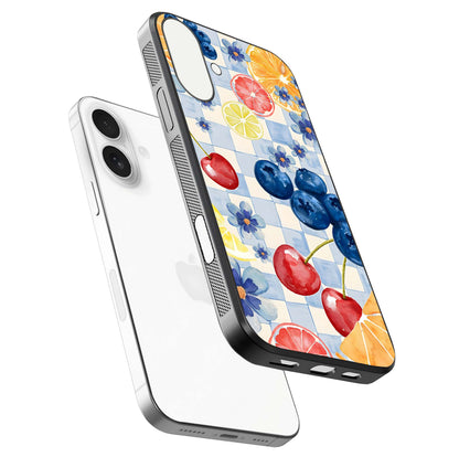 Citrus Bloom Joy Glass Case for iPhone 17 floating mockup showing HD gloss and lively tone