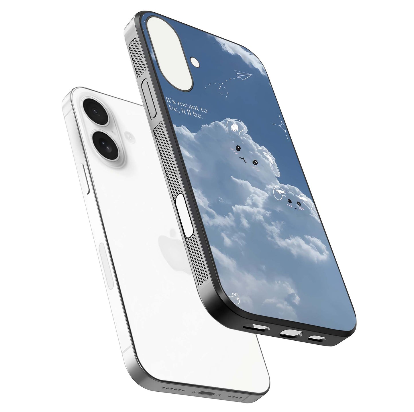 Cloud Bunny Dreams Glass Case for iPhone 17 floating mockup showing soft gradient and gloss reflection