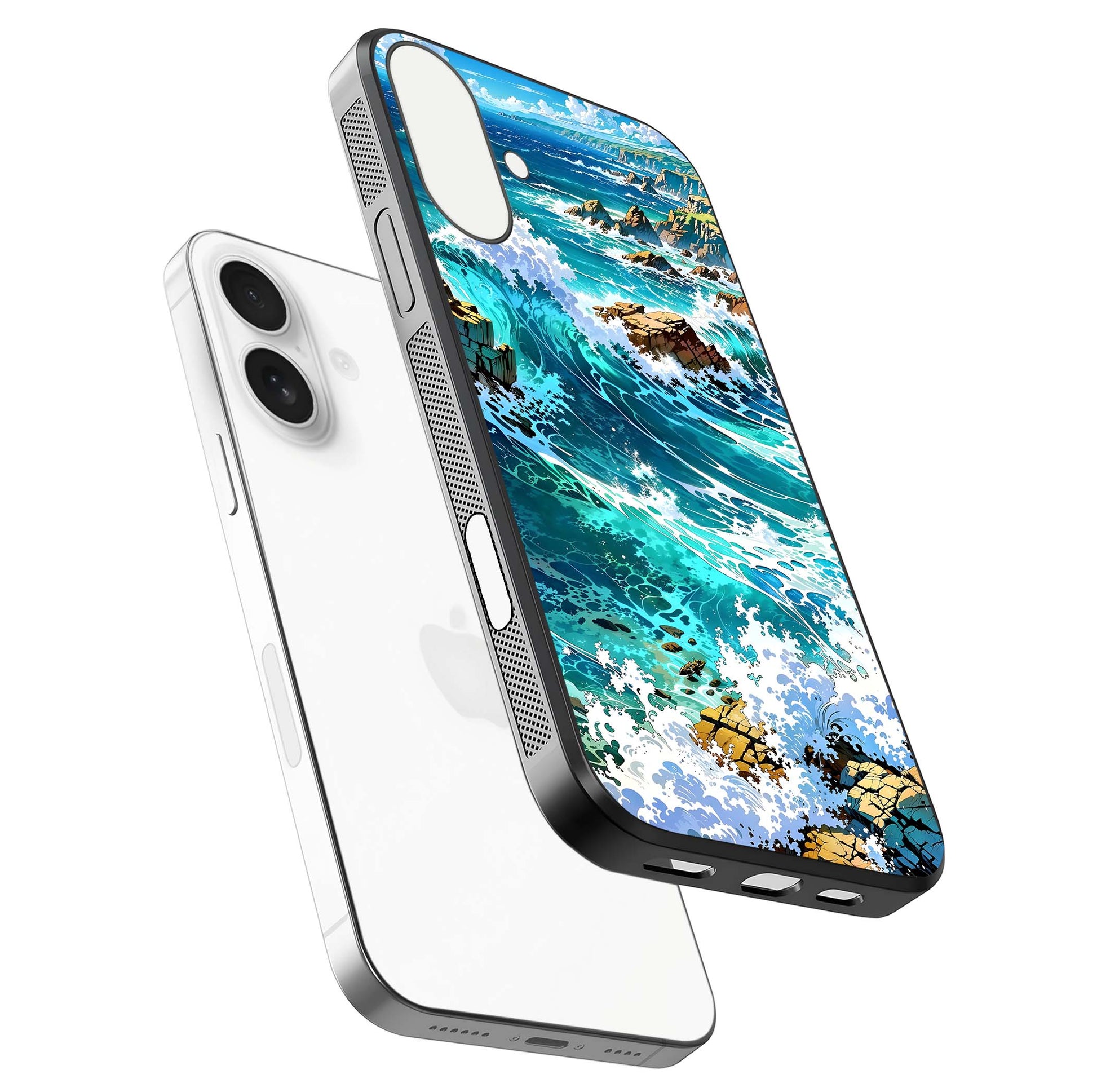 Coastal Blue Waves Glass Case for iPhone 17 floating mockup showing HD reflection and wave details