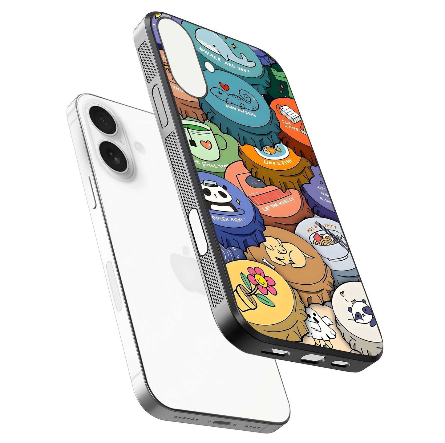Coins Patterns Glass Case for iPhone 17 floating mockup showing reflection depth and smooth tone